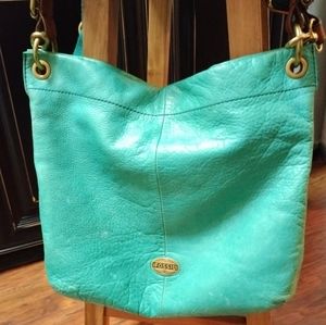 Fossil Leather Large Turquoise Crossbody Bag with removable long shoulder strap